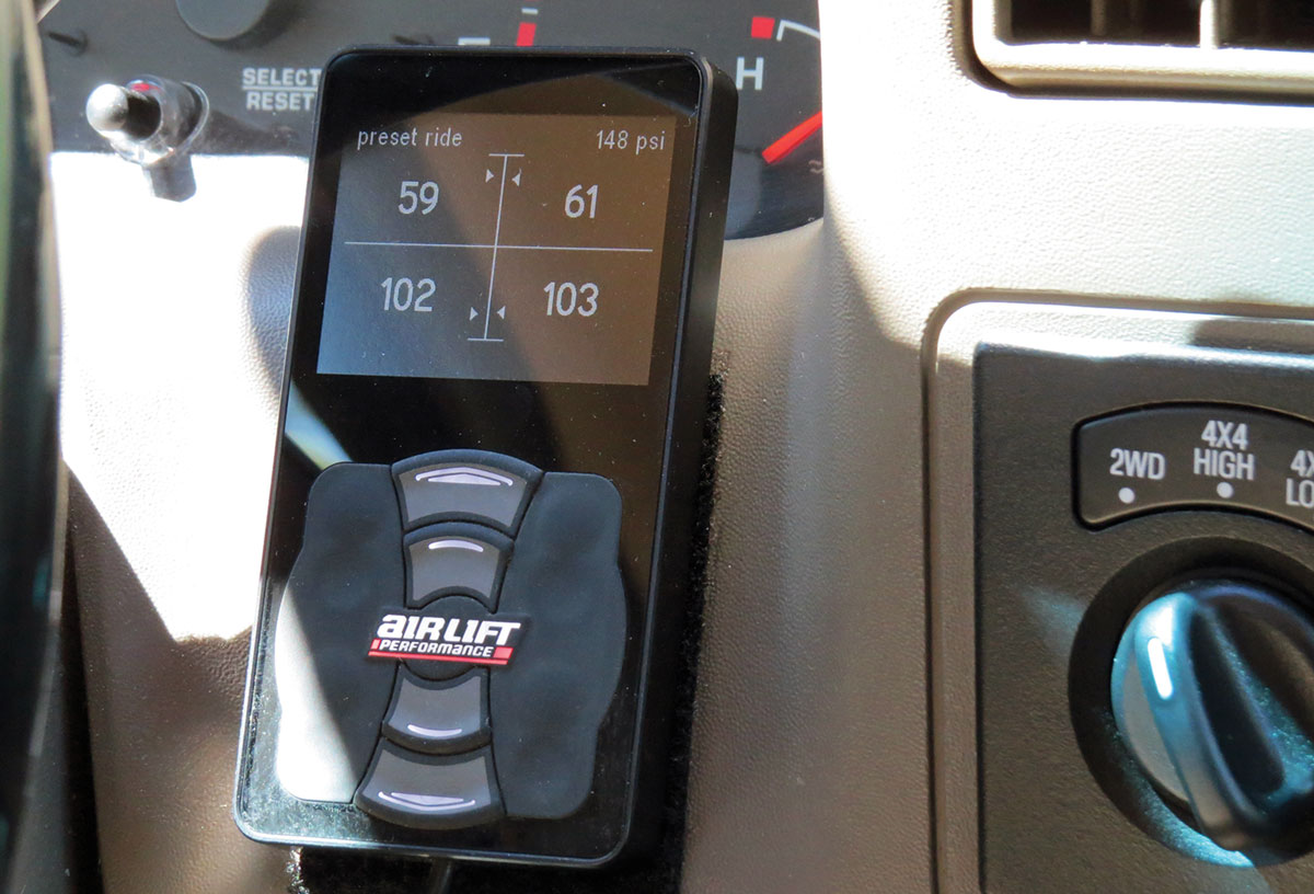 Of course, all that air ride technology is adjustable and at your fingertips with this Airlift Performance controller mounted to the dash within easy reach