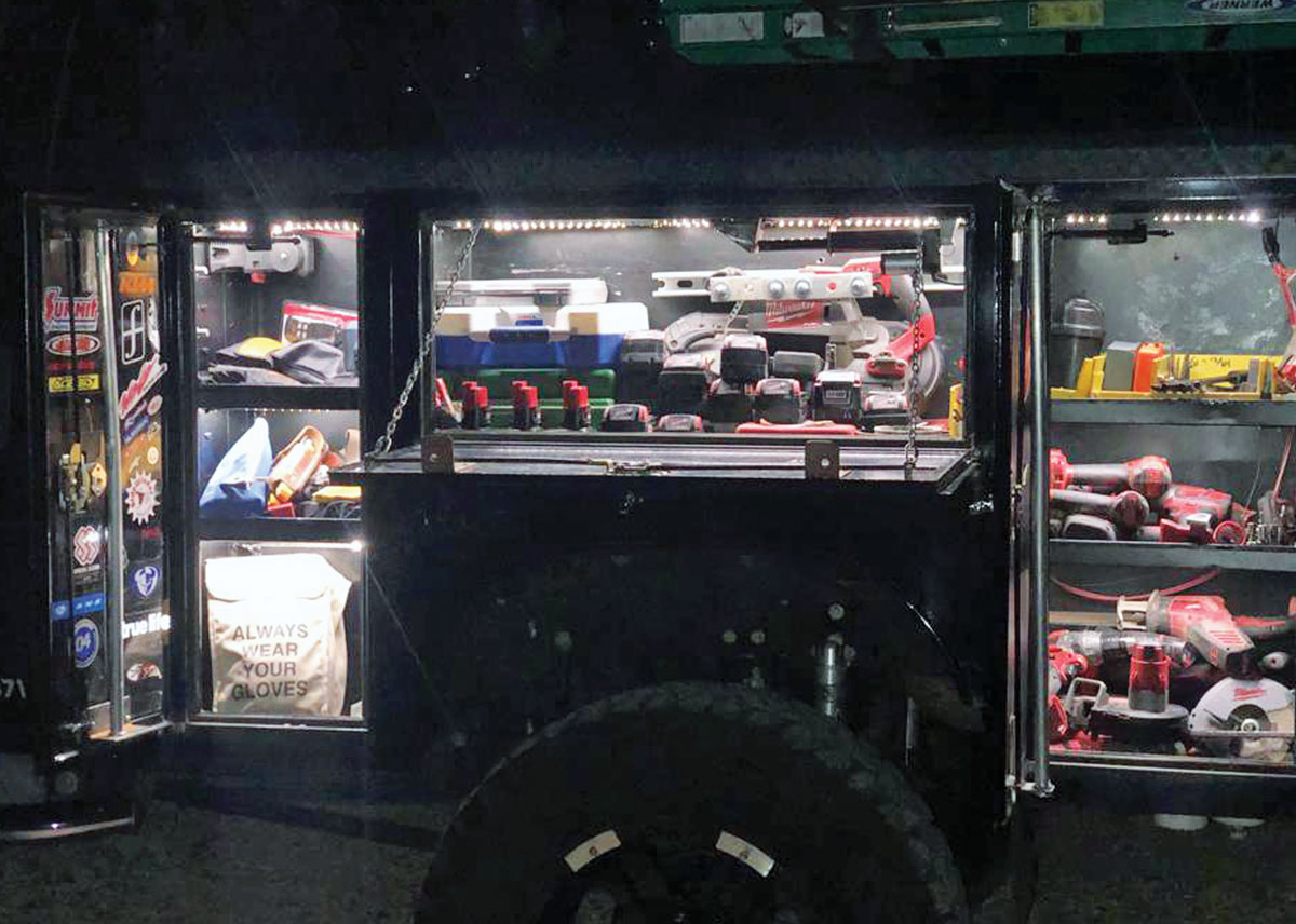Working late as a business owner and a willing disaster relief volunteer often makes search for tools pretty difficult, but not for an electrician who wired LED lighting strips to each compartment as well as door switches and a light sensor