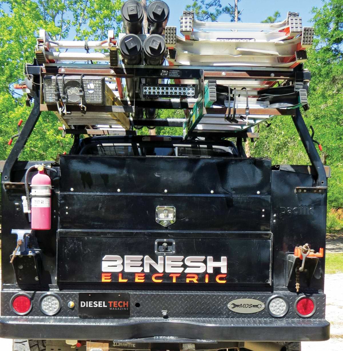 When this rig rolls away from the shop, there’s never a need to make a run back for something Benesh forgot with its two mounted vices, fire extinguisher, tube storage for conduit and easy access to various ladders