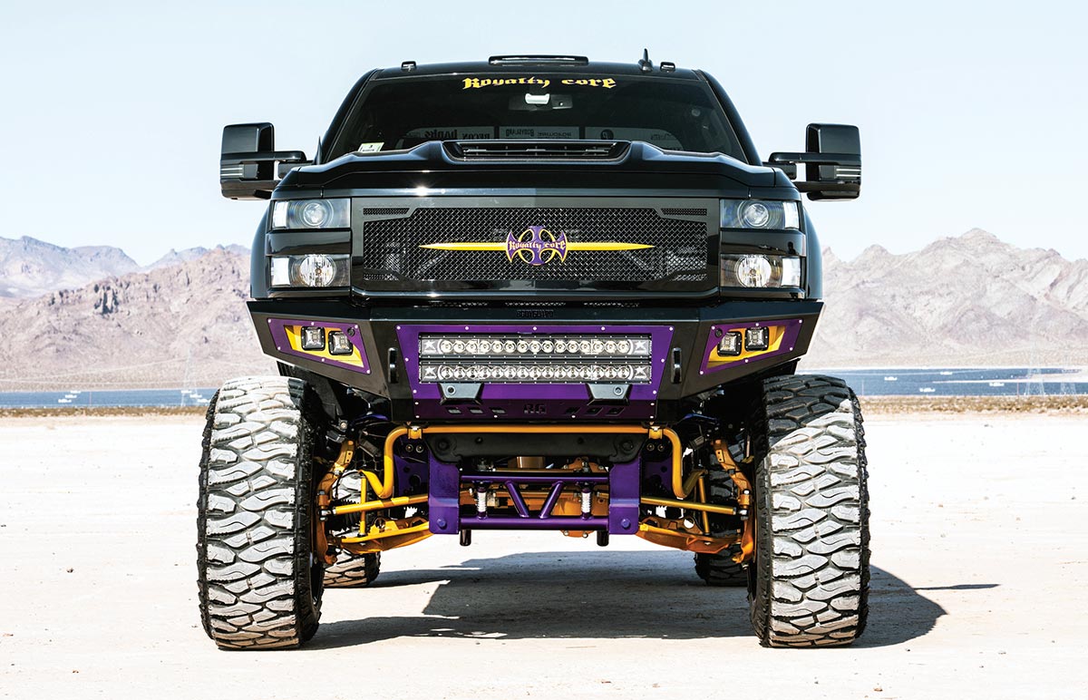 Front view of grille and truck in desert