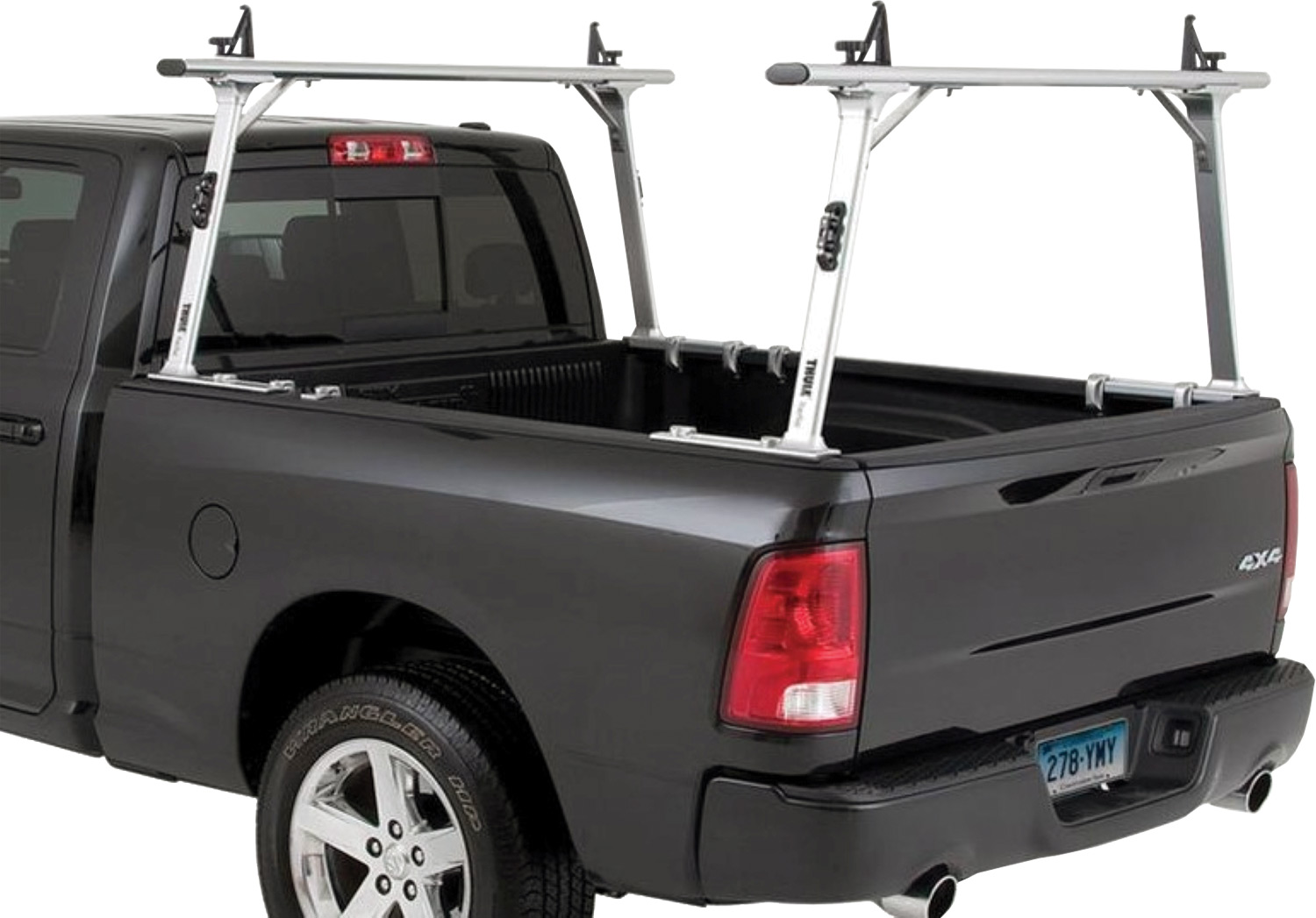 three-quarter rear view of the TracRac Pro 2 Truck Rack installed on truck