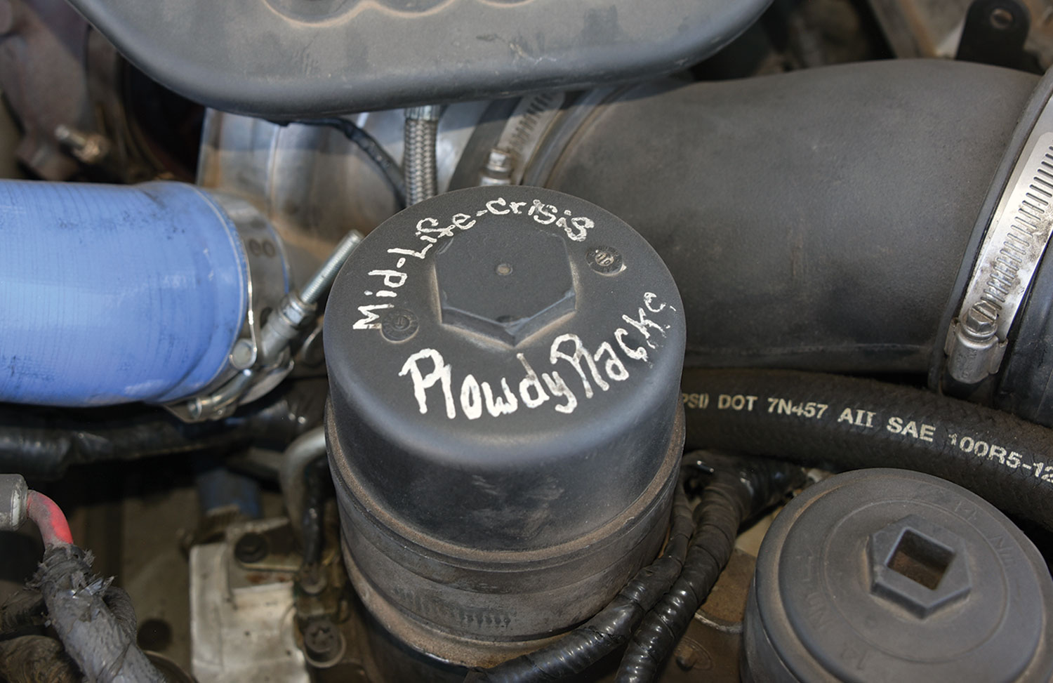 Jade's engine pipe with the words Mid Life Crisis
