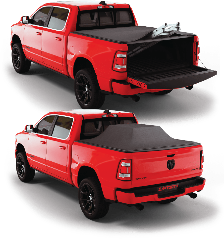 red truck with ladders and trunk cover