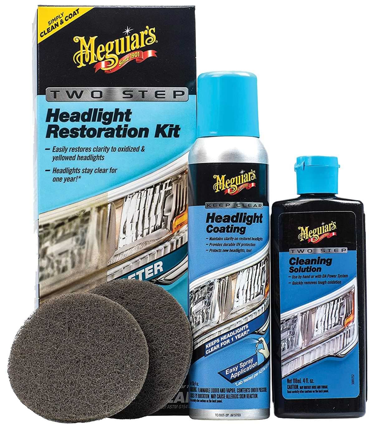 Two Step Headlight Restoration Kit parts, including 3 containers and two abrasive cleaning pads