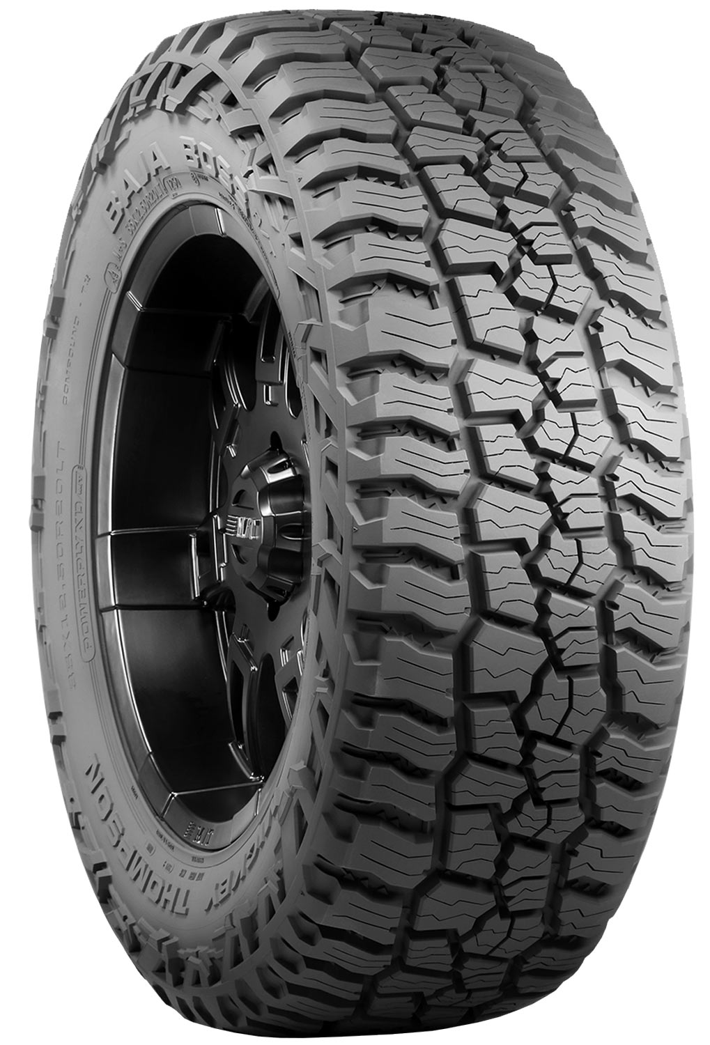 three quarter view of a single Baja Boss A/T tire