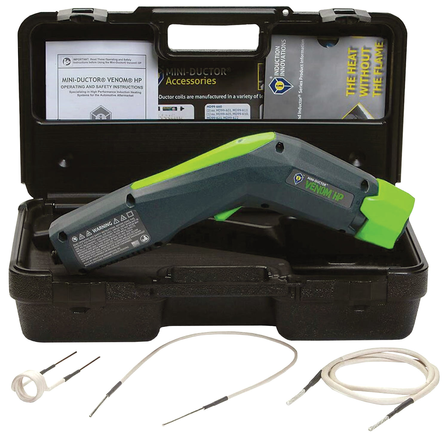 a Mini-Ductor Venom sits on display in its carrying container, with included wires laying out in front