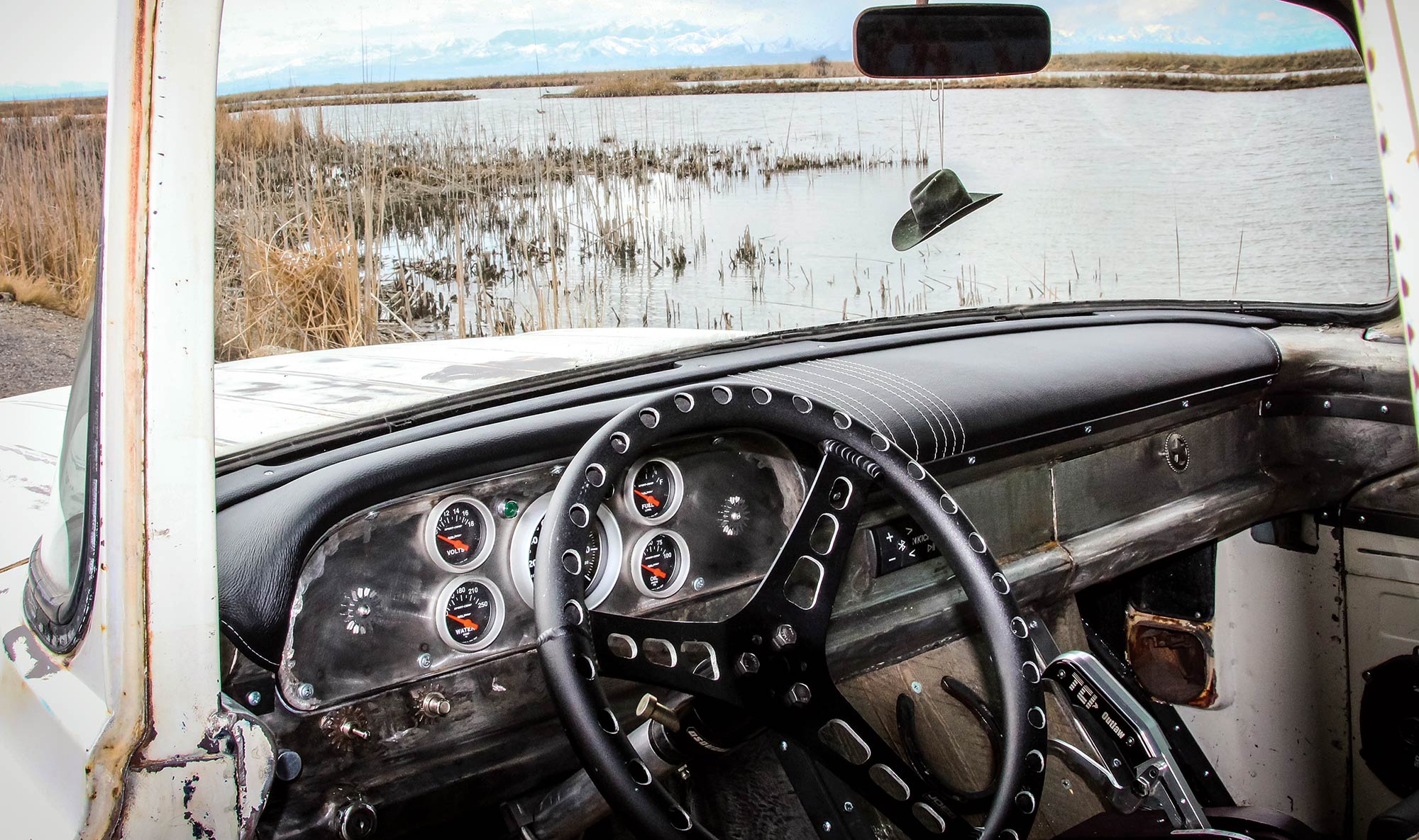 '58 Ford truck steering wheel closeup