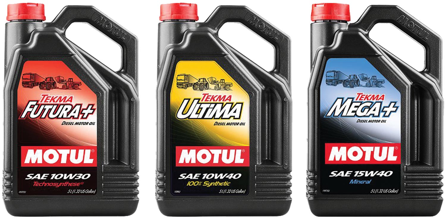 three containers from TEKMA's line of heavy-duty lubricants for diesel engines