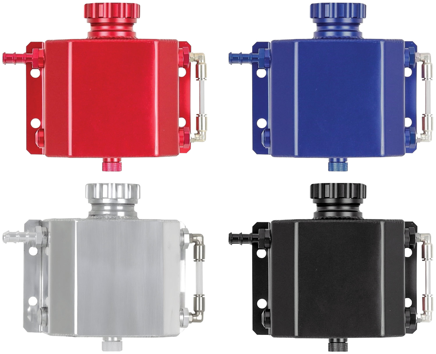 Mishimoto Universal Coolant Overflow Tanks in red, blue, white and black