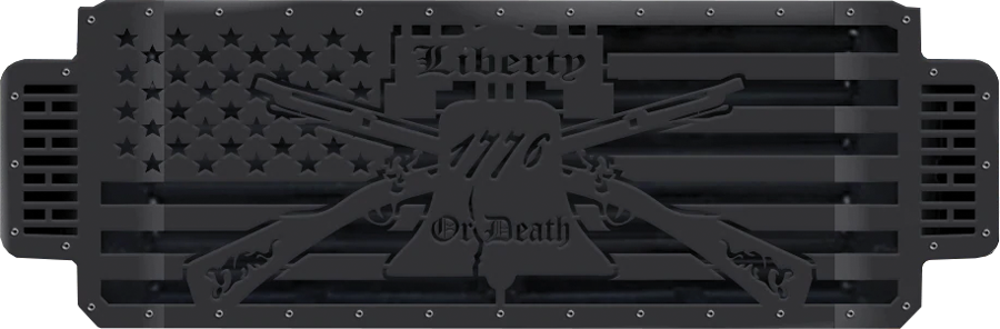 300 Industries black truck grille of an American flag, liberty bell, and two rifles
