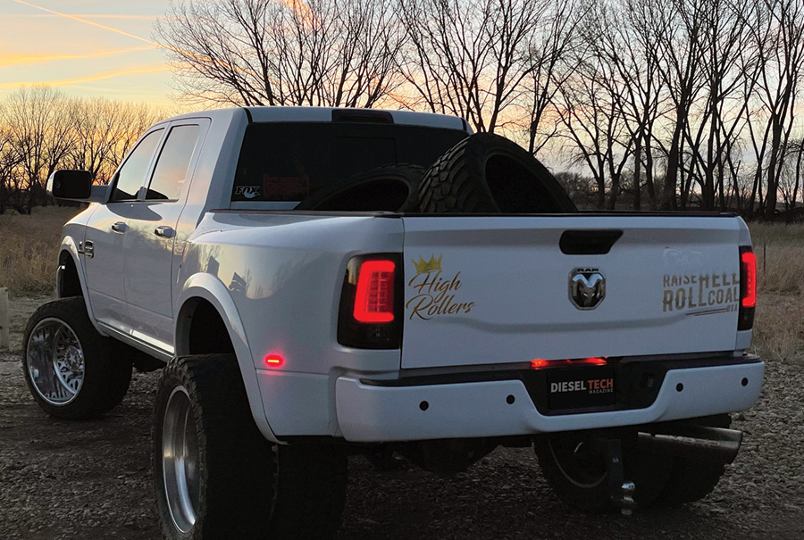 rear view of RAM truck tail lights during sunset