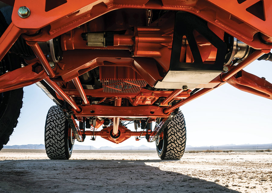 underneath orange truck