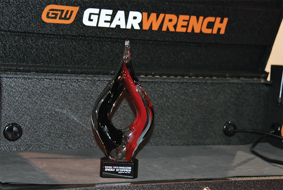 Diesel Tech Magazine 2022 Show Stopper Award sits on top of the GEARWRENCH modular ratchet sets of various wrenches