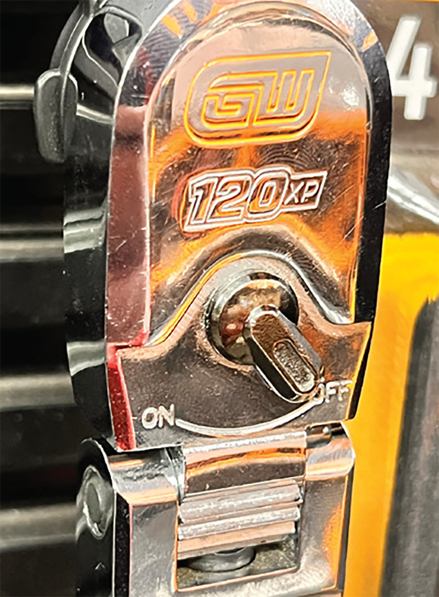 Close-up view of a GEARWRENCH ratchet socket showcasing the On and Off switch