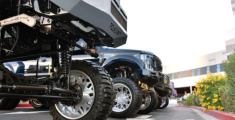 Angle view of Fusion Bumpers trucks lineup consisted of American made steel bumpers