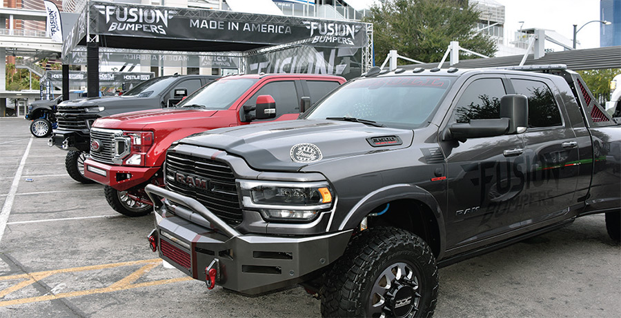 Side view of Fusion Bumpers trucks lineup consisted of American made steel bumpers