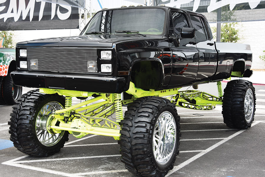 black truck with neon yellow trim