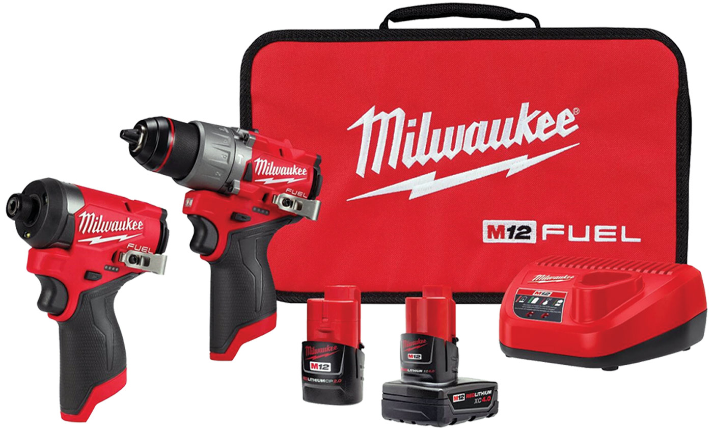 the Milwaukee M12 Hammer Drill/Driver and Impact Driver kit parts displayed in front of their carrying case